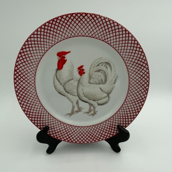 The Haldon Group Devonshire WHITE Rooster & Hen Dinner Plate Vintage Red & White - Picture 4 of 6